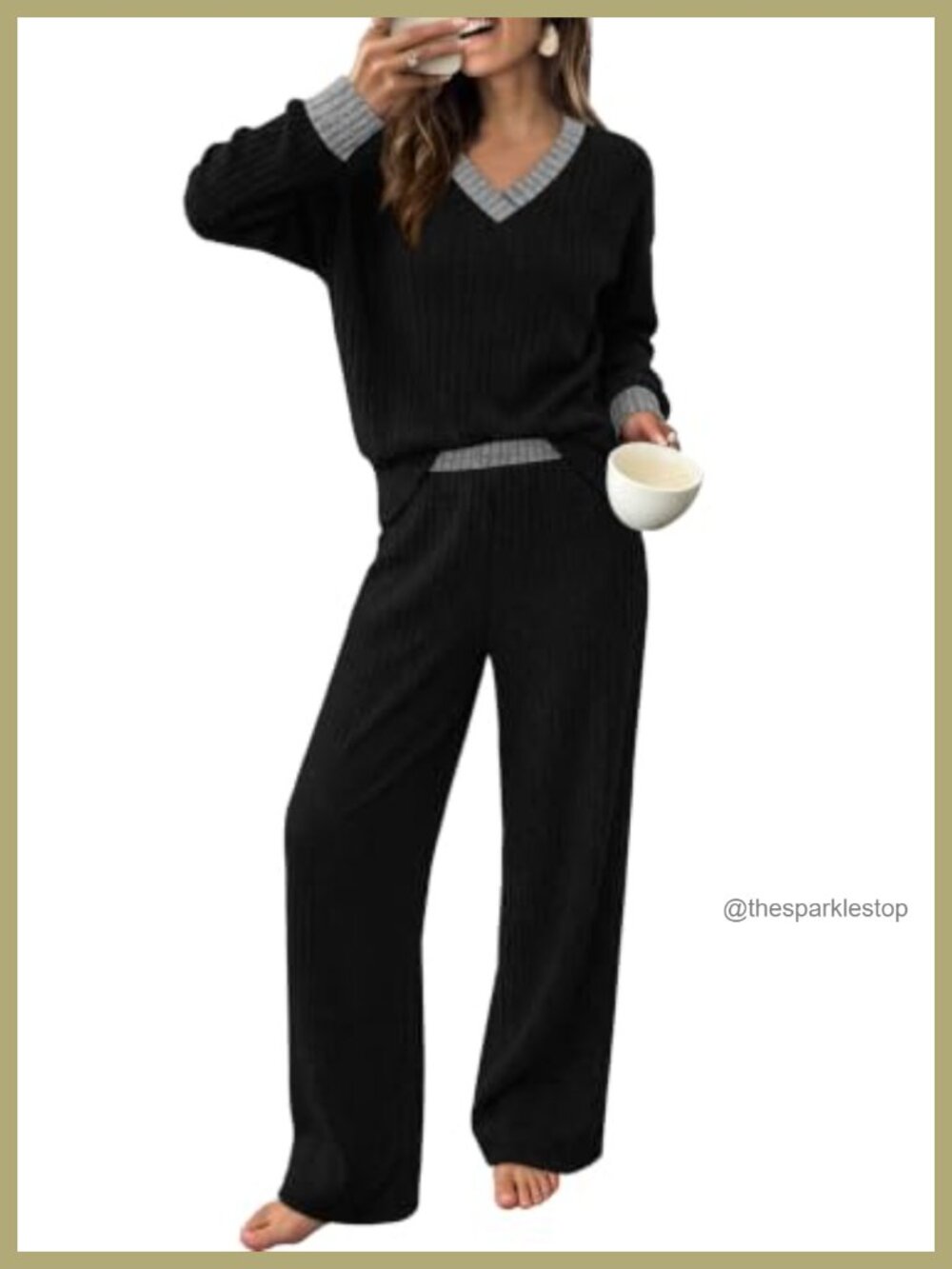2 Piece Lounge Set Womens V-Neck Drop Shoulder Top Wide Leg Pants